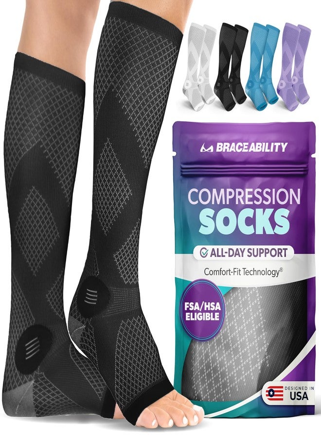 BraceAbility Compression Socks for Circulation - 20-30 mmHg Knee High Neuropathy Open Toe Stockings for Varicose Veins, Swelling, RLS, Medical Toeless Support for Men or Women - 1 Pair (M - Black) - Image 1
