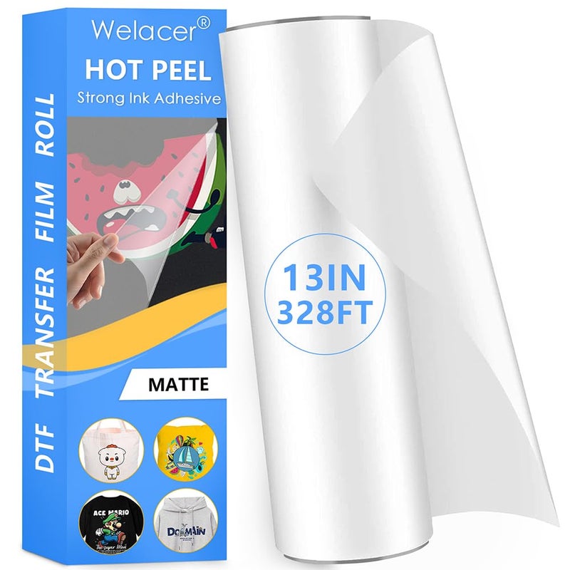 Welacer DTF Transfer Film Roll 13 Inch x 328 FT for Double-Side Matte Clear Pretreat Sheets, PET Heat Transfer Paper for Inkjet Printer Direct Print on T Shirts Textile - Image 1