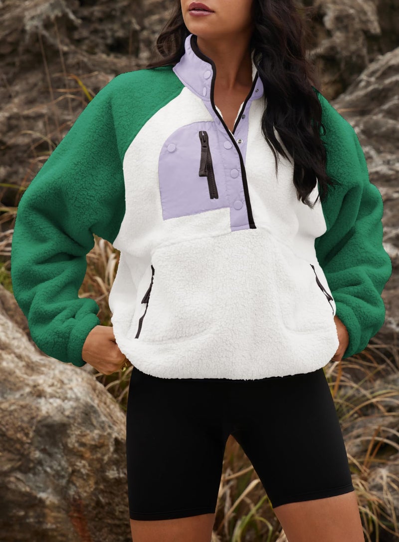 Yanekop Sherpa Jacket Women Fuzzy Pullover Sweaters Winter Fleece Sweatshirt Button Up Pullover Sherpa Outerwear(Green White,S) - Image 5