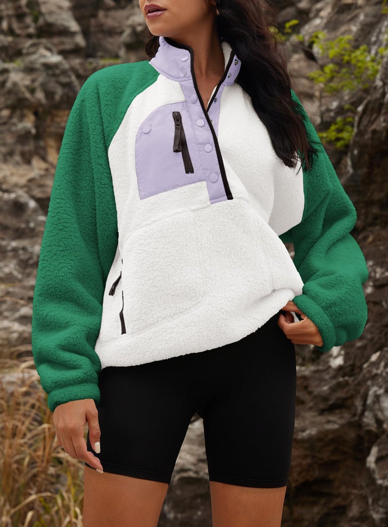 Yanekop Sherpa Jacket Women Fuzzy Pullover Sweaters Winter Fleece Sweatshirt Button Up Pullover Sherpa Outerwear(Green White,S) - Image 3