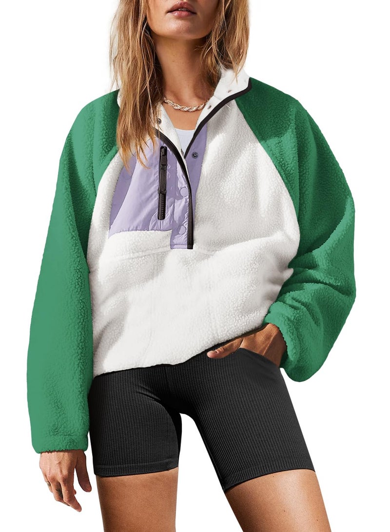 Yanekop Sherpa Jacket Women Fuzzy Pullover Sweaters Winter Fleece Sweatshirt Button Up Pullover Sherpa Outerwear(Green White,S) - Image 1