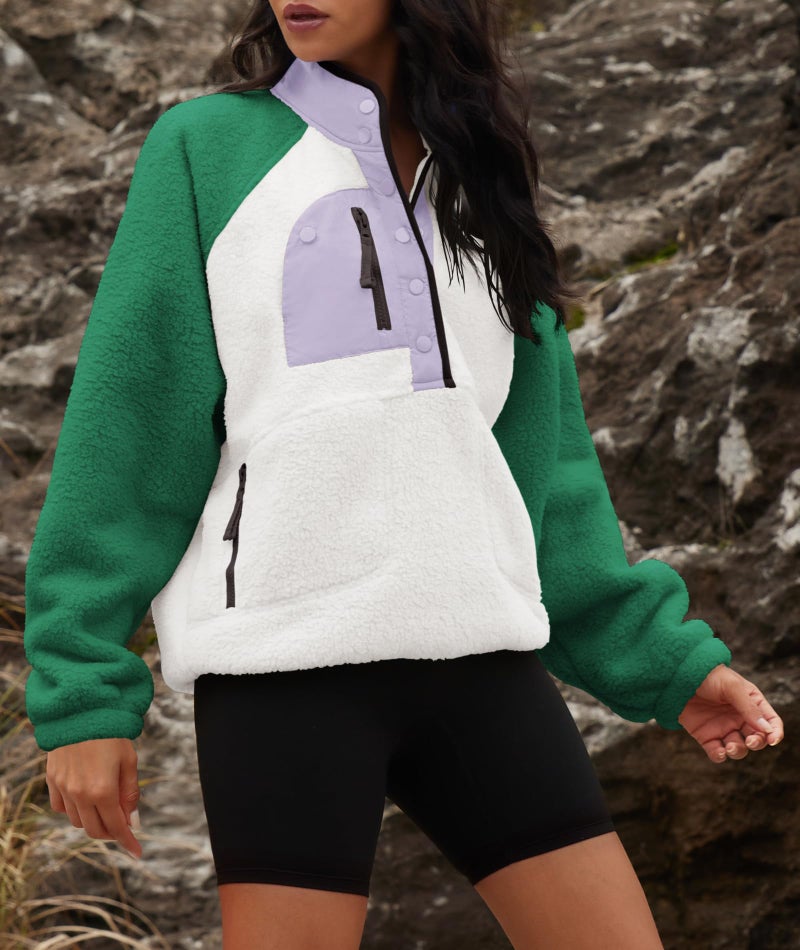 Yanekop Sherpa Jacket Women Fuzzy Pullover Sweaters Winter Fleece Sweatshirt Button Up Pullover Sherpa Outerwear(Green White,S) - Image 4