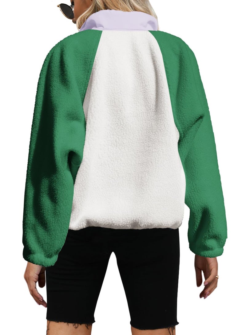 Yanekop Sherpa Jacket Women Fuzzy Pullover Sweaters Winter Fleece Sweatshirt Button Up Pullover Sherpa Outerwear(Green White,S) - Image 2