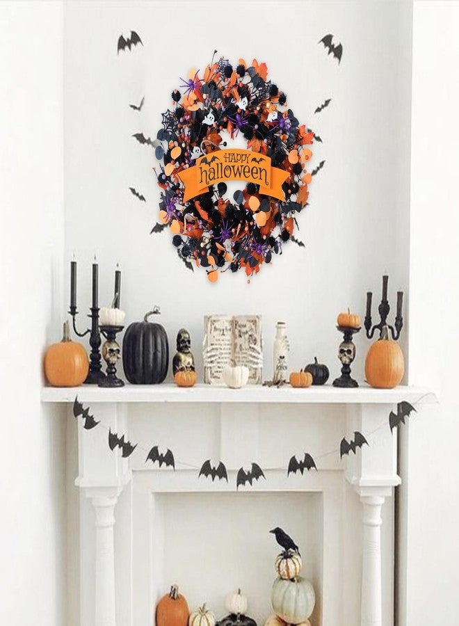 egolot 22 Inch Halloween Orange Black Boxwood Wreath with Ghost Spider for Front Door, Soft Touch Boxwood Berries Wreath for Indoor Outdoor, Happy Halloween Sign Wreaths for Home Decor - Image 3