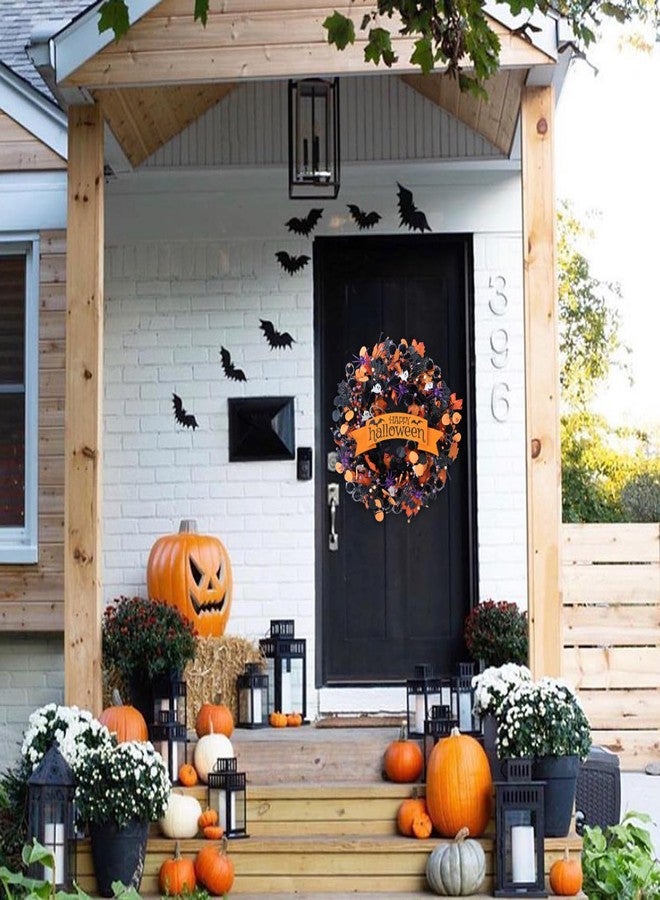egolot 22 Inch Halloween Orange Black Boxwood Wreath with Ghost Spider for Front Door, Soft Touch Boxwood Berries Wreath for Indoor Outdoor, Happy Halloween Sign Wreaths for Home Decor - Image 4