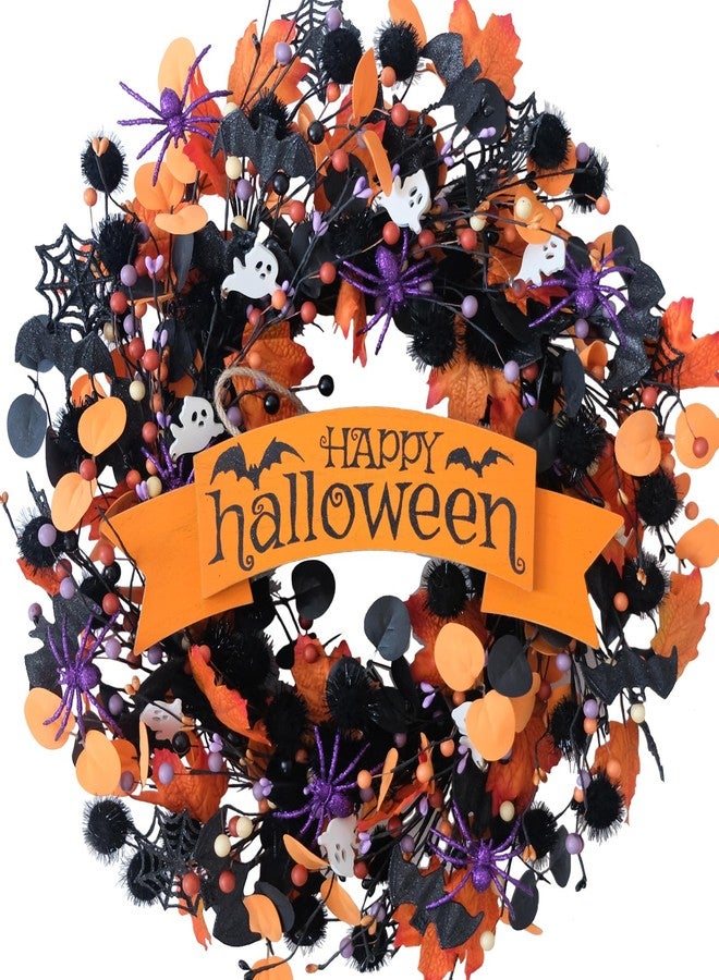 egolot 22 Inch Halloween Orange Black Boxwood Wreath with Ghost Spider for Front Door, Soft Touch Boxwood Berries Wreath for Indoor Outdoor, Happy Halloween Sign Wreaths for Home Decor - Image 1