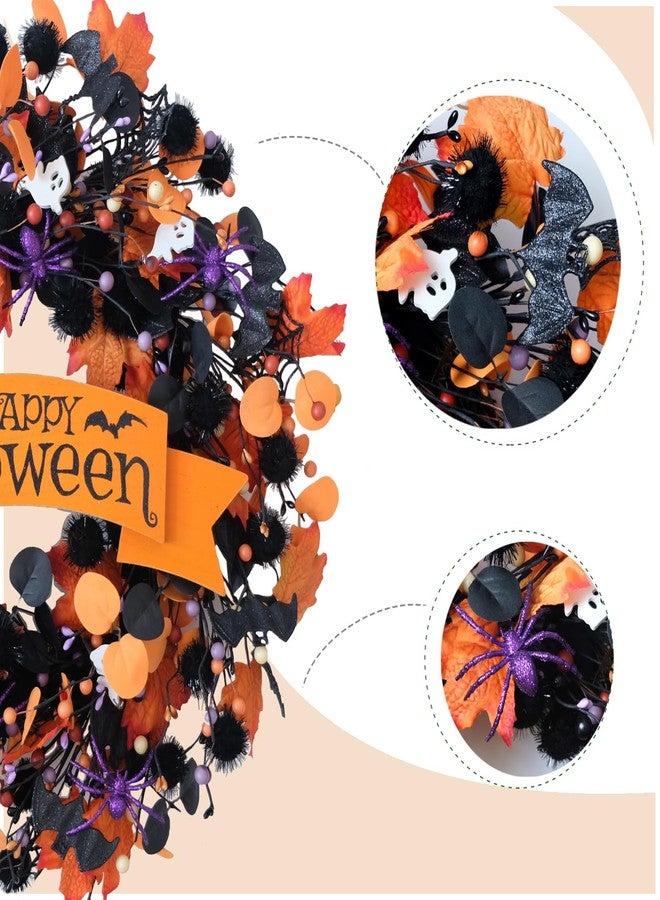 egolot 22 Inch Halloween Orange Black Boxwood Wreath with Ghost Spider for Front Door, Soft Touch Boxwood Berries Wreath for Indoor Outdoor, Happy Halloween Sign Wreaths for Home Decor - Image 2