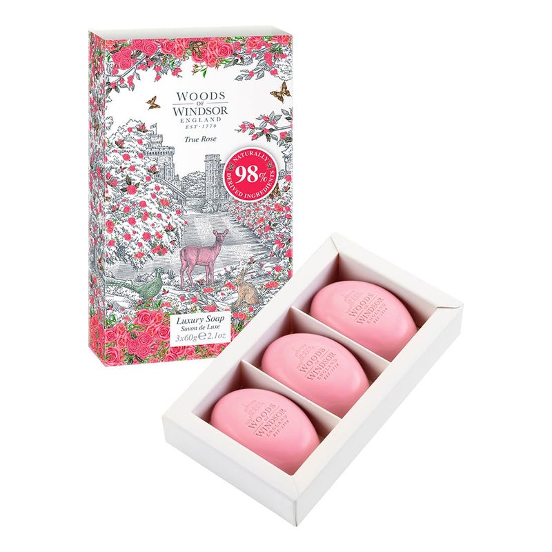 Woods of Windsor Rose Soap Bars, Moisturizing Soap Bar with Shea Butter, Hand and Body Soap, True Rose Scent 3 x 60g - Image 1