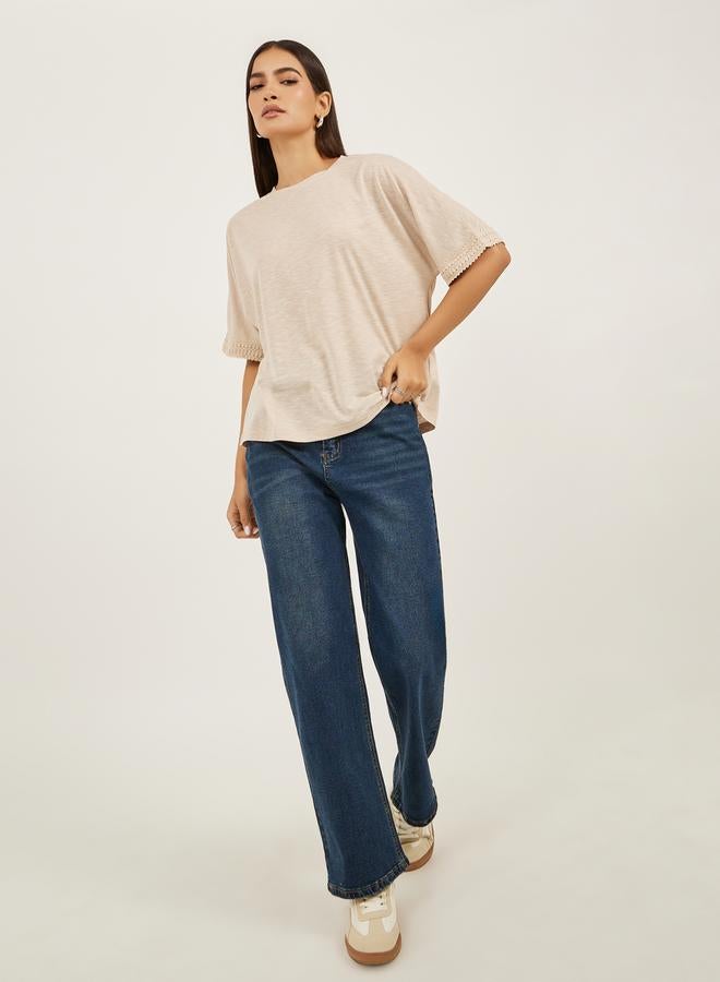 Styli Slubbed Short Sleeves Boxy T-Shirt with Lace Detail  - Image 2