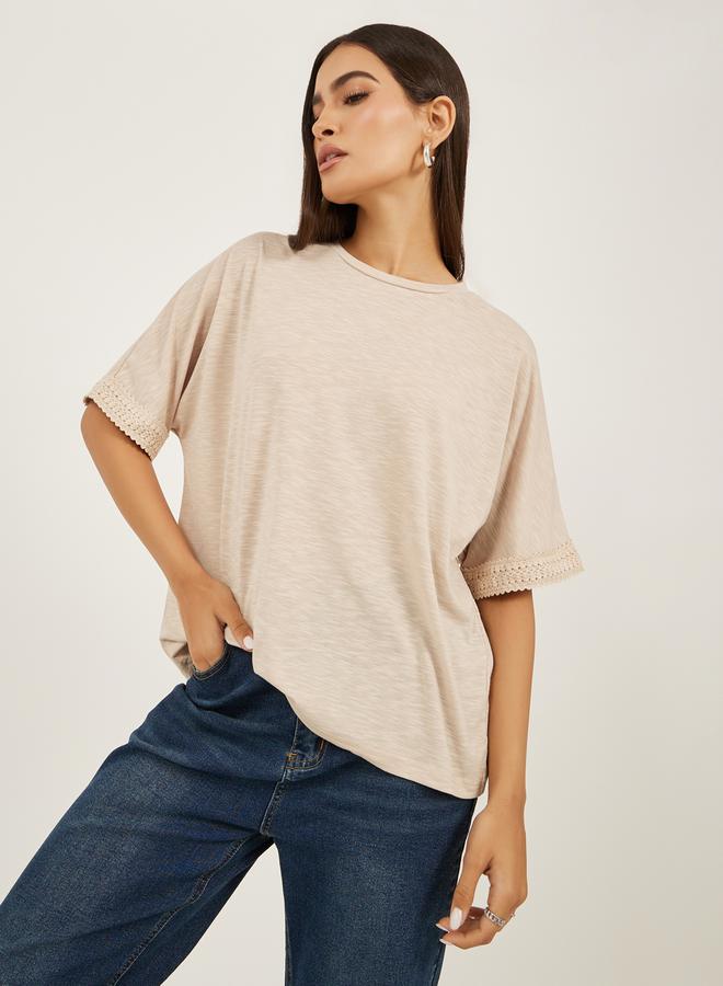 Styli Slubbed Short Sleeves Boxy T-Shirt with Lace Detail  - Image 3
