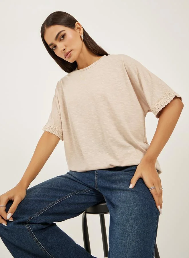 Styli Slubbed Short Sleeves Boxy T-Shirt with Lace Detail