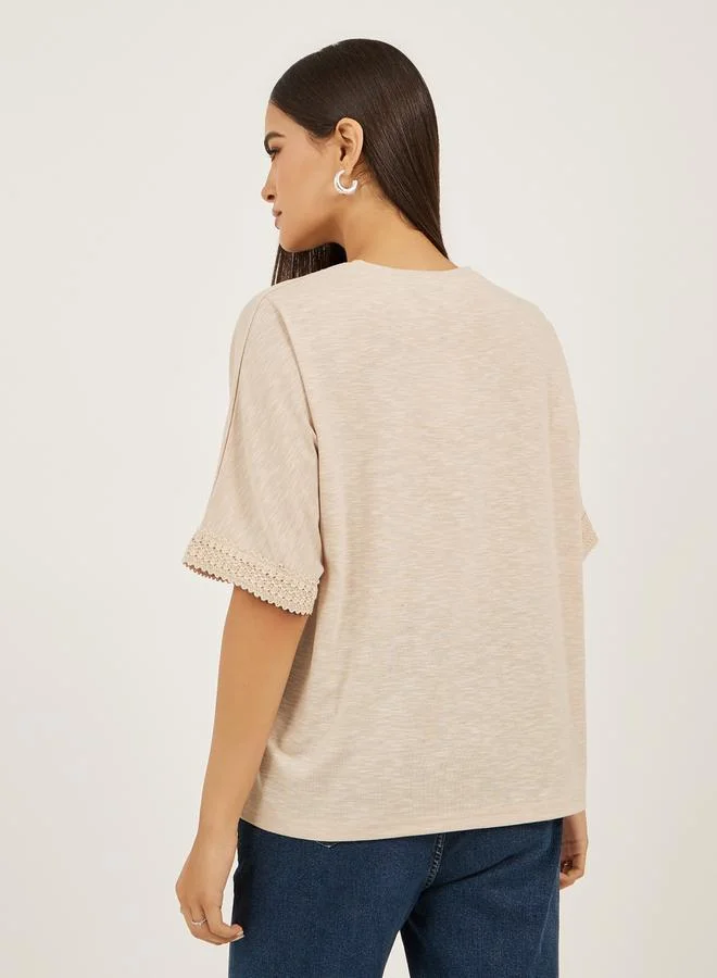 Styli Slubbed Short Sleeves Boxy T-Shirt with Lace Detail
