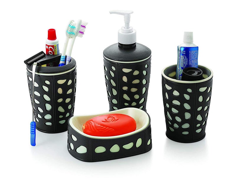 HOMESHOPPER Bathroom Accessories Set 4 Pieces Bath Ensemble Set Include Hand Liquid Soap DispenserSoap DishToothbrush Paste Holder Dust Bin Bathroom Accessory Set for Bathroom Multicolor - Image 1