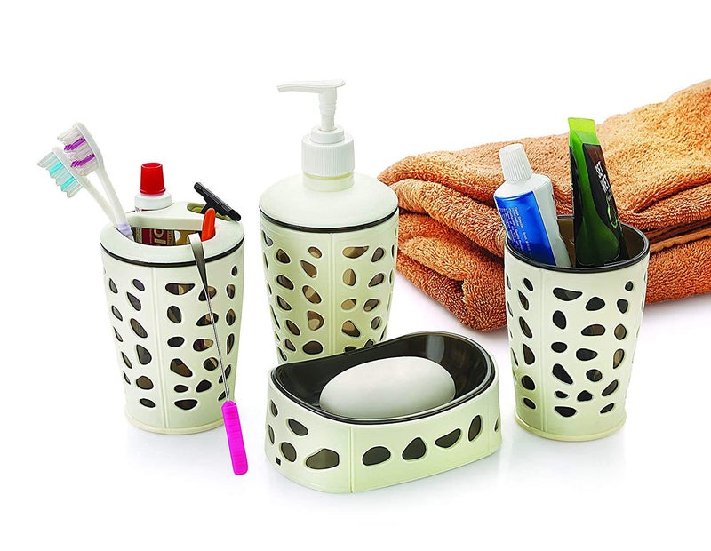HOMESHOPPER Bathroom Accessories Set 4 Pieces Bath Ensemble Set Include Hand Liquid Soap DispenserSoap DishToothbrush Paste Holder Dust Bin Bathroom Accessory Set for Bathroom Multicolor - Image 3