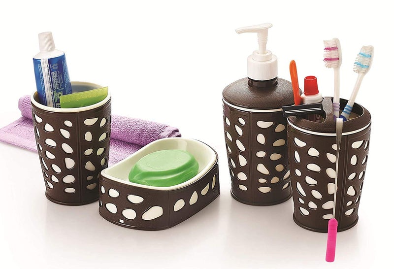 HOMESHOPPER Bathroom Accessories Set 4 Pieces Bath Ensemble Set Include Hand Liquid Soap DispenserSoap DishToothbrush Paste Holder Dust Bin Bathroom Accessory Set for Bathroom Multicolor - Image 2