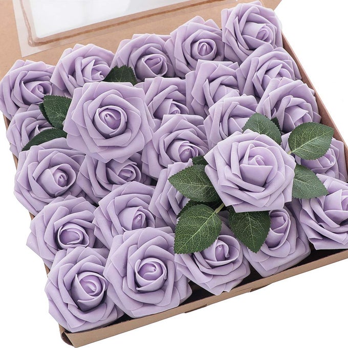ARTIFICIAL FLOWERS 25PCS REAL LOOKING LILAC FOAM FAKE ROSES WITH STEMS FOR DIY WEDDING BOUQUETS BRIDAL SHOWER CENTERPIECES FLORAL ARRANGEMENTS PARTY TABLES HOME DECORATIONS