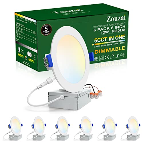 zouzai 6 Inch 5CCT Ultra-Thin LED Recessed Ceiling Light with Junction Box, 2700K/3000K/3500K/4000K/5000K Selectable, 12W Eqv 110W,Dimmable, led can Lights- ETL and Energy Star Certified【 6 Pack 】 - Image 1