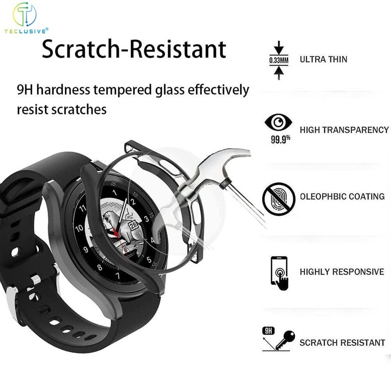 T TECLUSIVE Slim Curved Protective Cover with Tempered Glass Compatible for Galaxy Watch 4 44mm | Shockproof 360 Degree Protection Case with Tempered Glass (44MM, Black) - Image 2