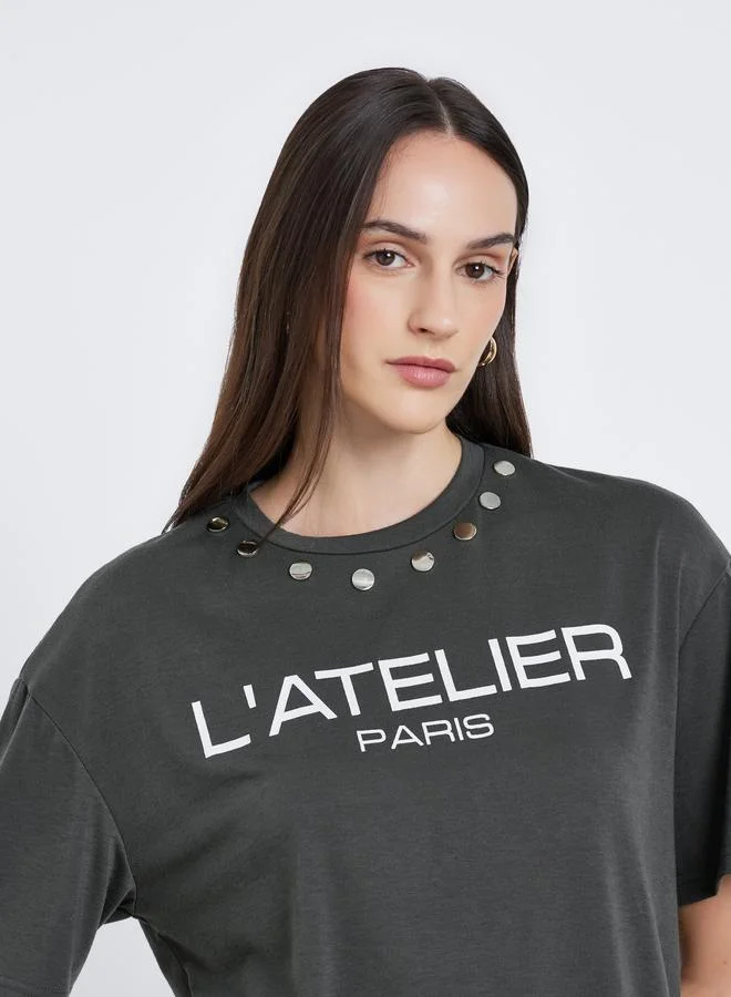 Styli Styli Women Charcoal Studded Oversized T-Shirt