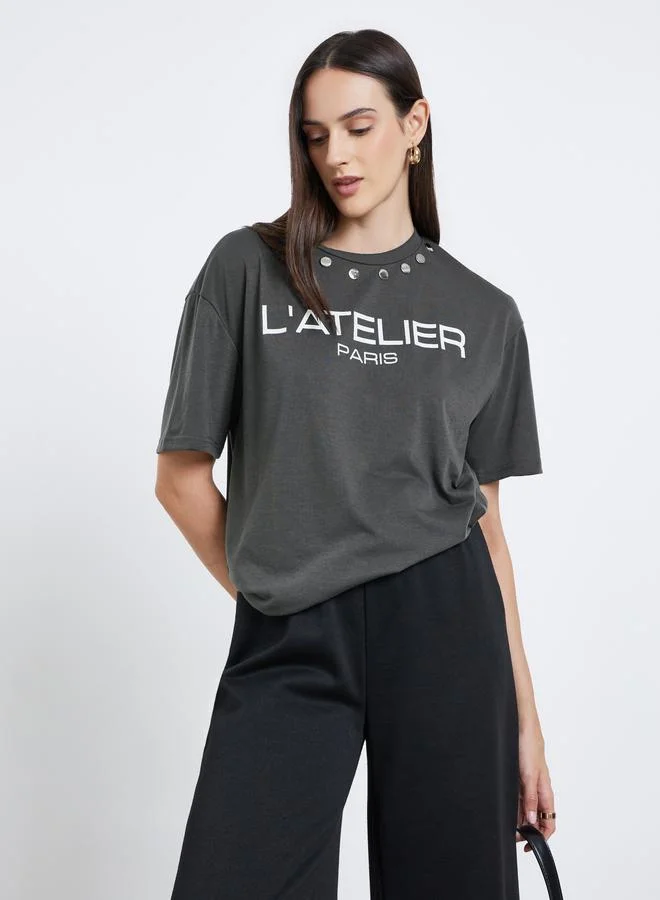 Styli Styli Women Charcoal Studded Oversized T-Shirt