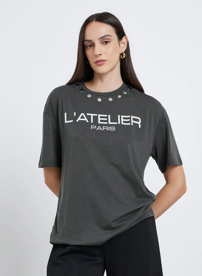 Styli Styli Women Charcoal Studded Oversized T-Shirt