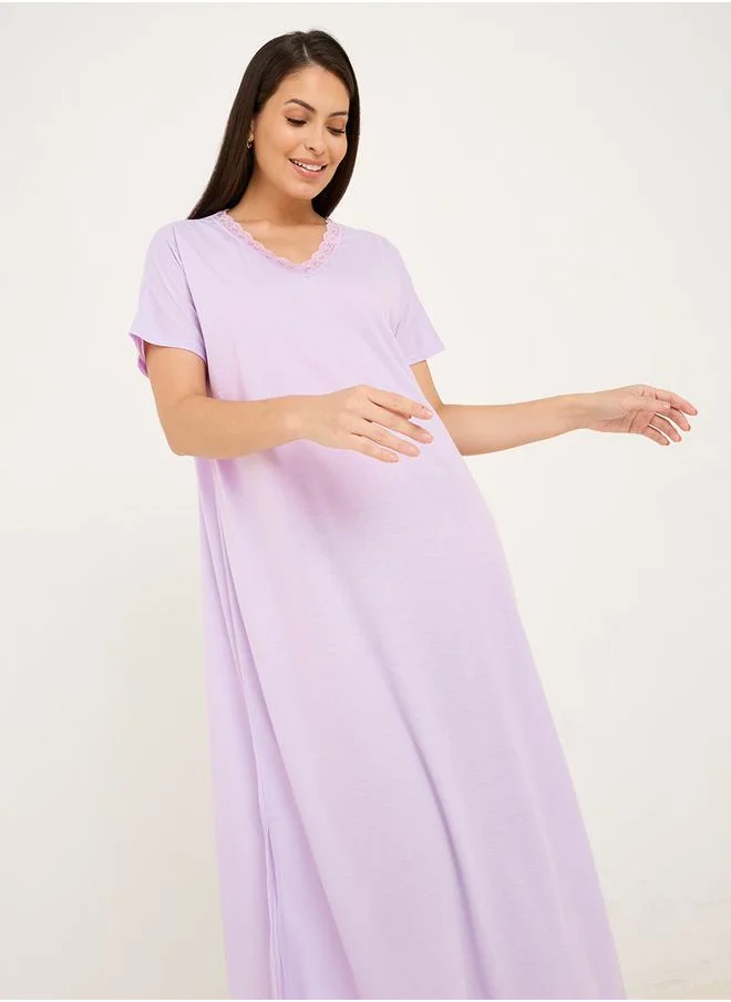 ستايلي Lace Trim V Neck Nightie with Slit Hem