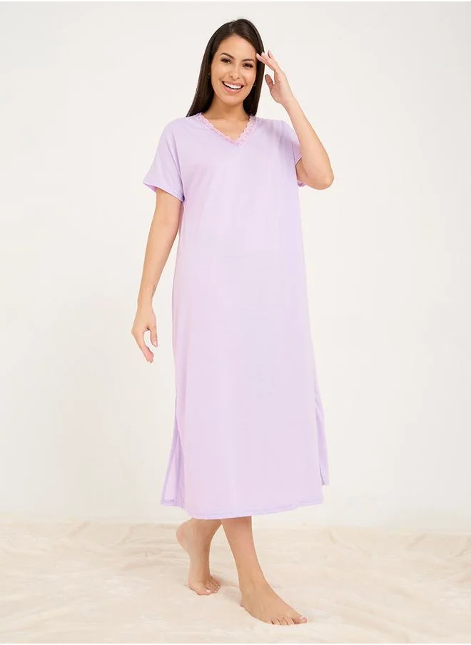 ستايلي Lace Trim V Neck Nightie with Slit Hem