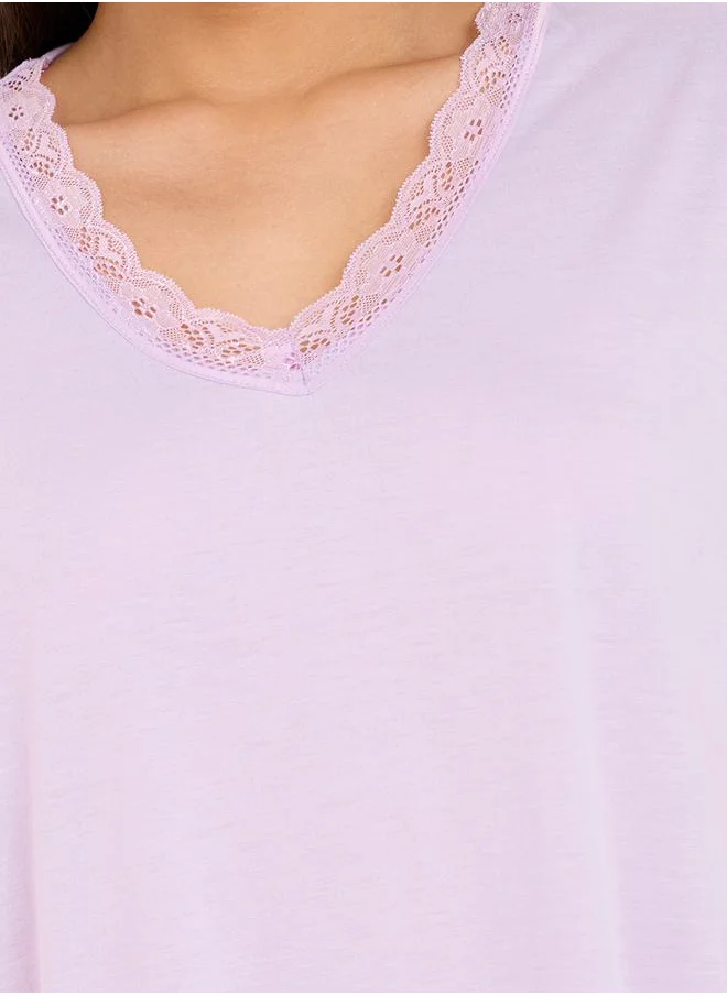 ستايلي Lace Trim V Neck Nightie with Slit Hem