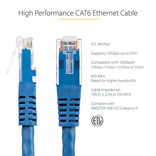 StarTech.com 4ft CAT6 Ethernet Cable - Blue CAT 6 Gigabit Ethernet Wire -650MHz 100W PoE++ RJ45 UTP Molded Category 6 Network/Patch Cord w/Strain Relief/Fluke Tested UL/TIA Certified (C6PATCH4BL) - Image 3