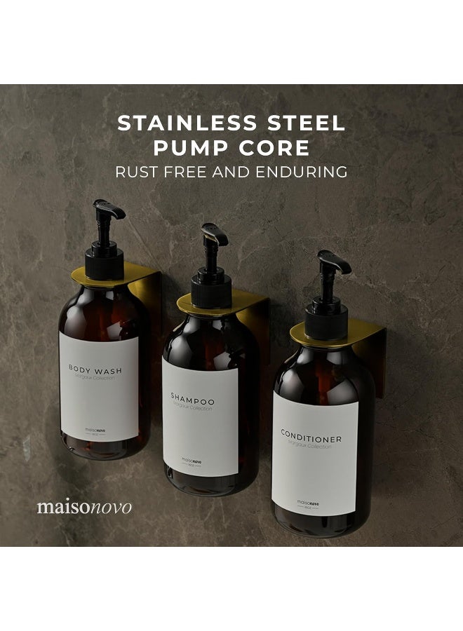 Maisonovo  Shampoo Dispenser For Shower Wall 3 Chamber - Drill Free Shower Soap Dispenser Wall Mount With Waterproof Marguax Labels | 3 Amber Plastic Bottles 4 Gold Wall Mounts - Image 2