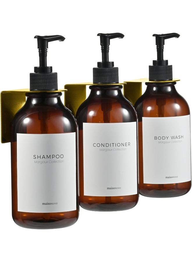 Maisonovo  Shampoo Dispenser For Shower Wall 3 Chamber - Drill Free Shower Soap Dispenser Wall Mount With Waterproof Marguax Labels | 3 Amber Plastic Bottles 4 Gold Wall Mounts - Image 3