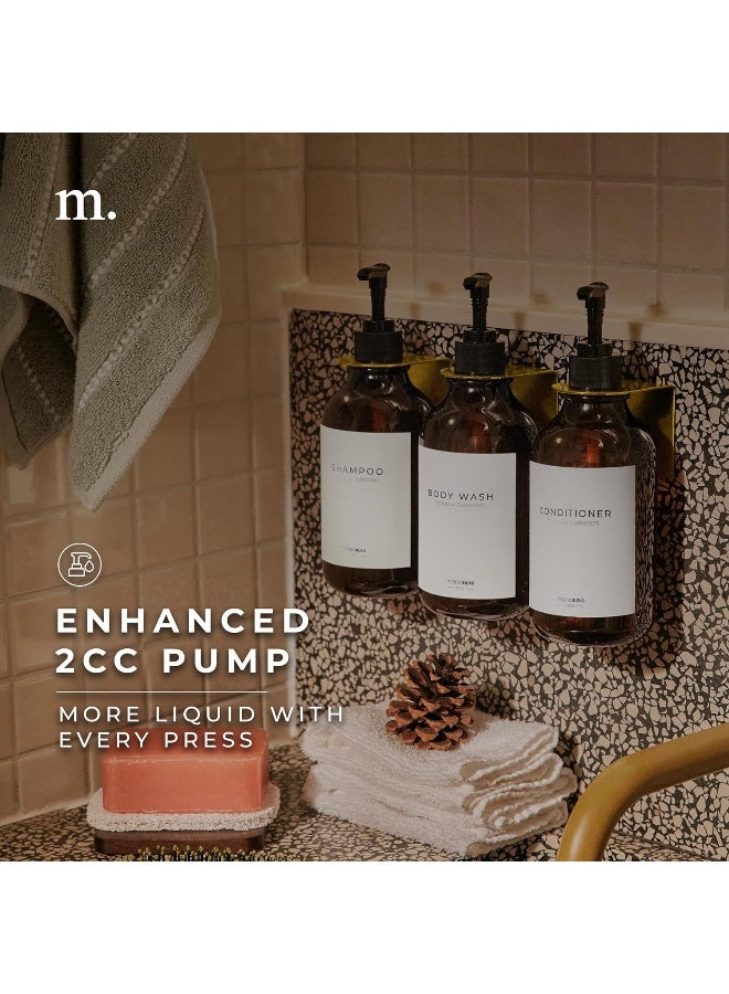 Maisonovo  Shampoo Dispenser For Shower Wall 3 Chamber - Drill Free Shower Soap Dispenser Wall Mount With Waterproof Marguax Labels | 3 Amber Plastic Bottles 4 Gold Wall Mounts - Image 4