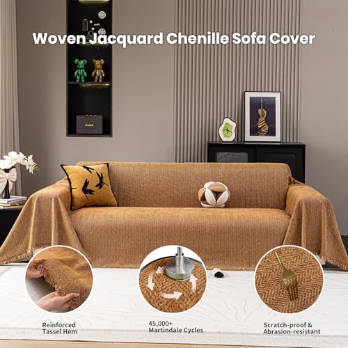 Nobildonna Chenille Couch Cover for Sofa Cover Washable Pet Scratch Couch Covers Tassel Sofa Slipcover for 2 Cushion Couch Furniture Protector Couch Cover Blanket for Living Room,Clay Brown 71"x118" - Image 4