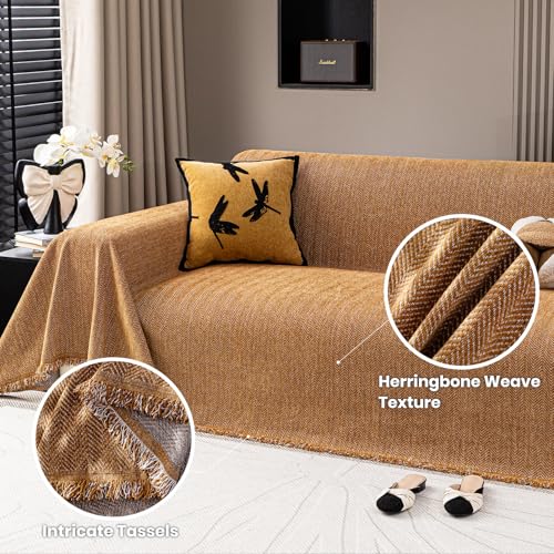 Nobildonna Chenille Couch Cover for Sofa Cover Washable Pet Scratch Couch Covers Tassel Sofa Slipcover for 2 Cushion Couch Furniture Protector Couch Cover Blanket for Living Room,Clay Brown 71"x118" - Image 3