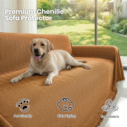 Nobildonna Chenille Couch Cover for Sofa Cover Washable Pet Scratch Couch Covers Tassel Sofa Slipcover for 2 Cushion Couch Furniture Protector Couch Cover Blanket for Living Room,Clay Brown 71"x118" - Image 2