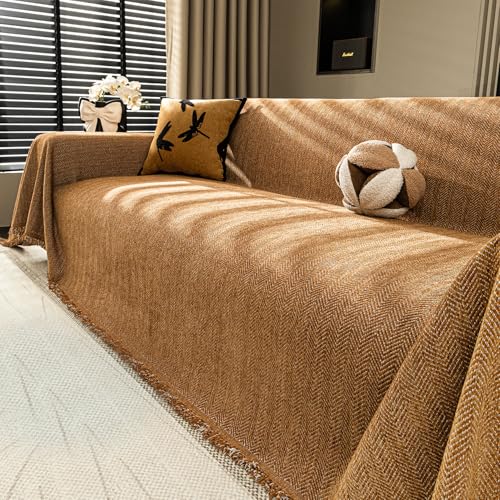 Nobildonna Chenille Couch Cover for Sofa Cover Washable Pet Scratch Couch Covers Tassel Sofa Slipcover for 2 Cushion Couch Furniture Protector Couch Cover Blanket for Living Room,Clay Brown 71"x118" - Image 1