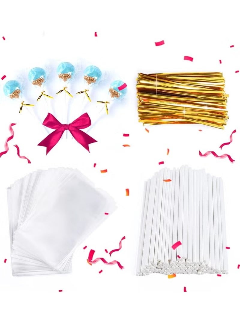 300PCS DIY Cake Pop Sticks and Wrappers Set,Including Paper Lollipop Sticks,Clear Candy Treat Bags Parcel,Gold Twist Ties for Cakepop,Lollipop,Hard Candy,Suckers,Chocolate Gift  - Image 1