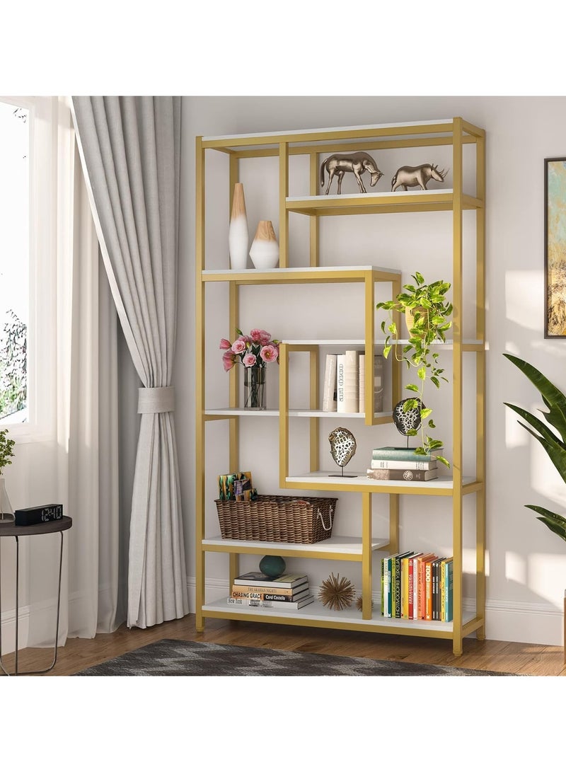 لينجوي رف كتب هندسي حديث تم تجميعه مسبقًا من المعدن والرخام وحدة رف تخزين متعددة الأغراض لغرفة المعيشة وغرفة النوم والمكتب خزانة كتب طويلة قائمة بذاتها  - Image 1