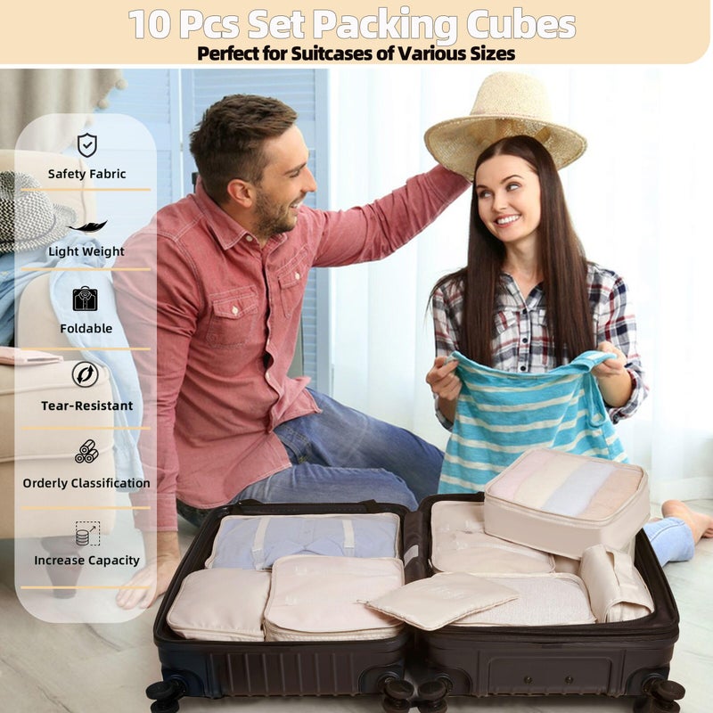 lucdnc 10 Pcs Set Packing Cubes For Travel Expandable Packing Organizers Luggage Organizers Bags Essentials Packing Cubes For Suitcases Travel Accessories (BEIGE) - Image 2
