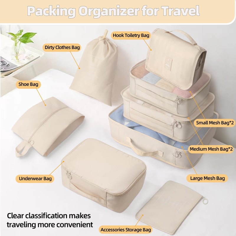 lucdnc 10 Pcs Set Packing Cubes For Travel Expandable Packing Organizers Luggage Organizers Bags Essentials Packing Cubes For Suitcases Travel Accessories (BEIGE) - Image 3