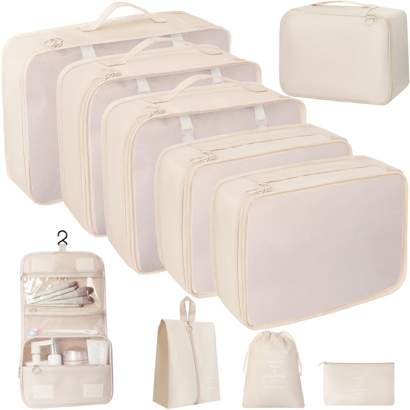 lucdnc 10 Pcs Set Packing Cubes For Travel Expandable Packing Organizers Luggage Organizers Bags Essentials Packing Cubes For Suitcases Travel Accessories (BEIGE) - Image 1