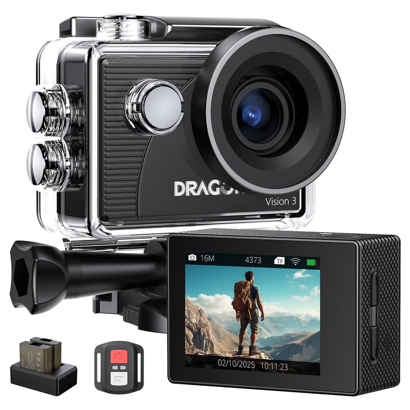 Dragon Touch Action Camera 4K 20MP 30FPS 100FT Waterproof Underwater Camera 170 Wide Angle WiFi Sports Cam with Remote 2 Batteries and Mounting Accessories Kit