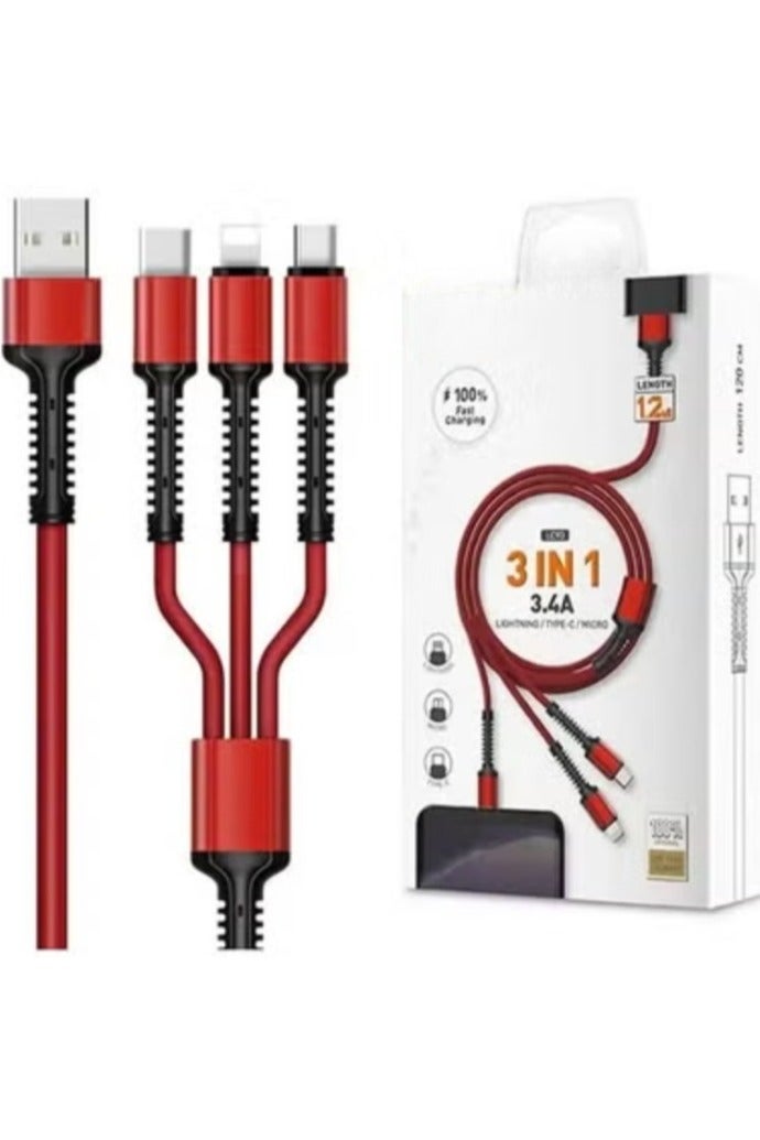 ريبنيو كابل USB مضفر 3 في 1 لمزامنة البيانات والشحن السريع باللون الأحمر - Image 1