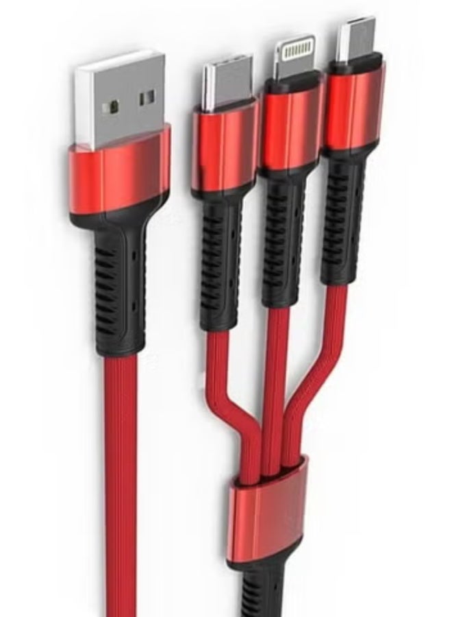 ريبنيو كابل USB مضفر 3 في 1 لمزامنة البيانات والشحن السريع باللون الأحمر - Image 3