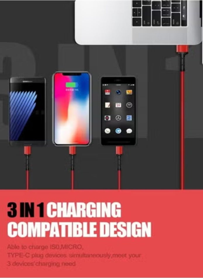 ريبنيو كابل USB مضفر 3 في 1 لمزامنة البيانات والشحن السريع باللون الأحمر - Image 4