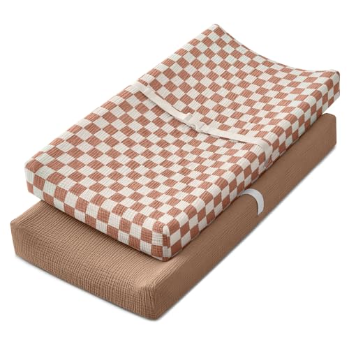 Blissful Diary Muslin Changing Pad Cover for Baby Girls Boys Ultra Soft Breathable Cotton Baby Diaper Change Table Pad Covers 2Pack Checkered Brown Brown - Image 1