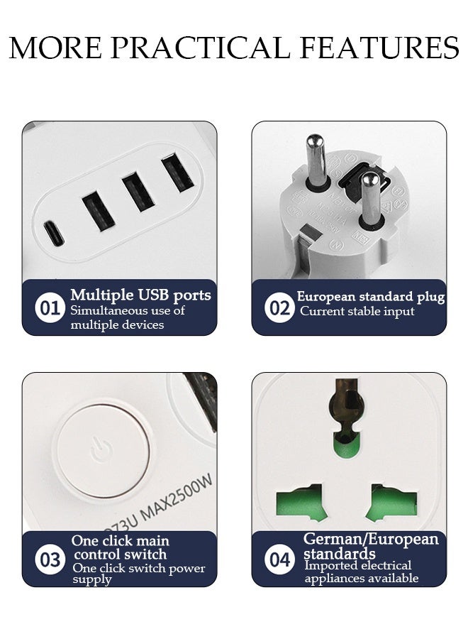 DUNISO Power Strip Extension Cord，8 in 1 Universal Power Socket，4 Outlets Power Socket with 4 USB Ports Universal Charging Socket with 2M Bold Extension Cord，White  - Image 4