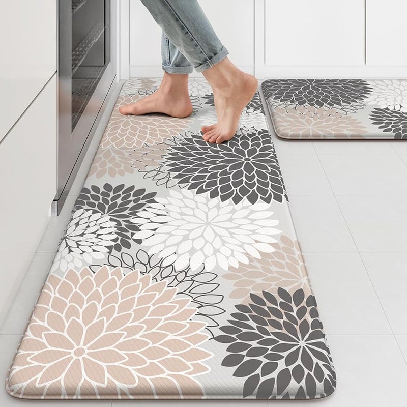 Kitchen Rugs and Mats Cushioned Anti Fatigue Kitchen Mat 2PCS NonSkid Waterproof Boho Kitchen Runner Rug Comfort Foam Standing Mat for OfficeLaundryKitchen SinkGrey Floral