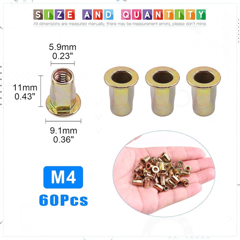 Glarks 60 قطعة من صمولة ريفيت نصف سداسية M4 مع فلانج مصنوعة من الفولاذ الكربوني مطلية بالزنك مجموعة صمولة ريفنت (M4) - Image 2