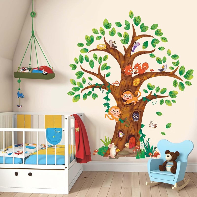 ARS Animals Tree Wall Stickers for Kids: Peel and Stick Woodland Squirrel Monkey Owl Bird Hedgehog Wall Decals - Wall Decor Art Toddler Supplies Ages 1-12 Years - Image 3